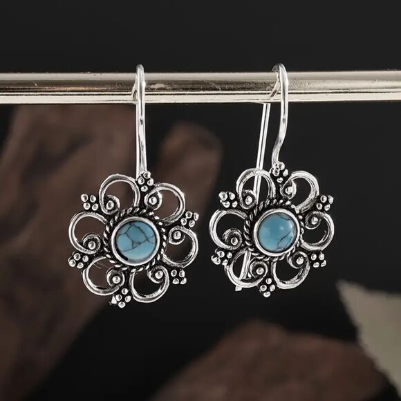 Silver Turquoise Flower Drop Earrings Dangle Pendant Elegant Filigree Charm New - Picture 1 of 6